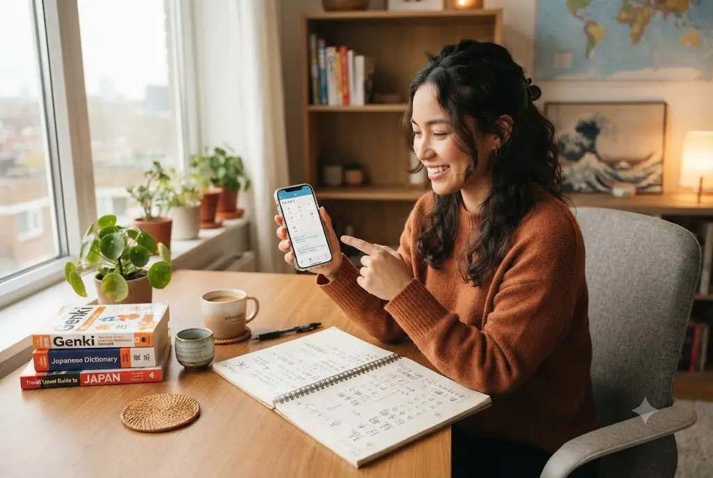 student using best language learning app for japanese on smartphone