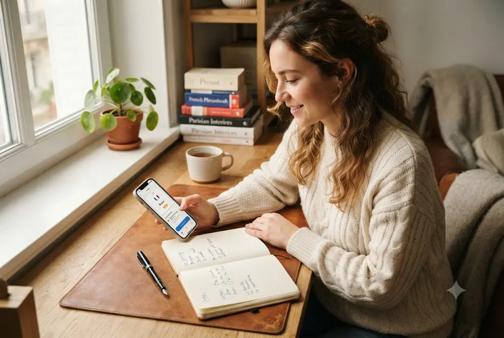 person using french language learning apps on smartphone
