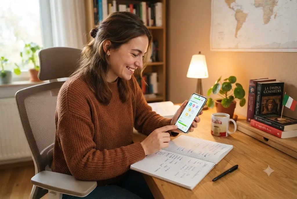 person using italian language learning apps on smartphone
