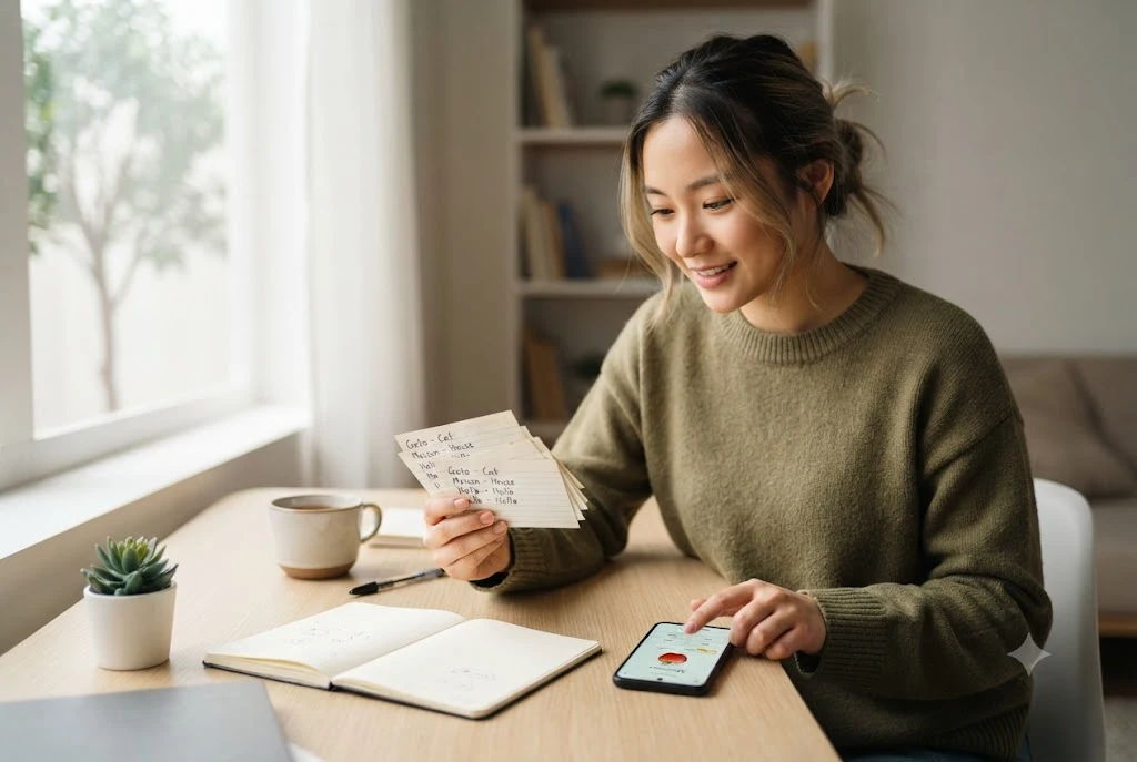 student using flashcard apps for language learning without ai