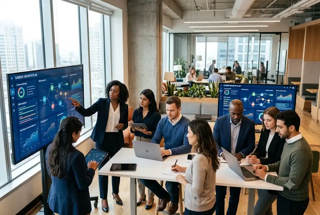 Professionals using AI in career development tools to plan future career growth