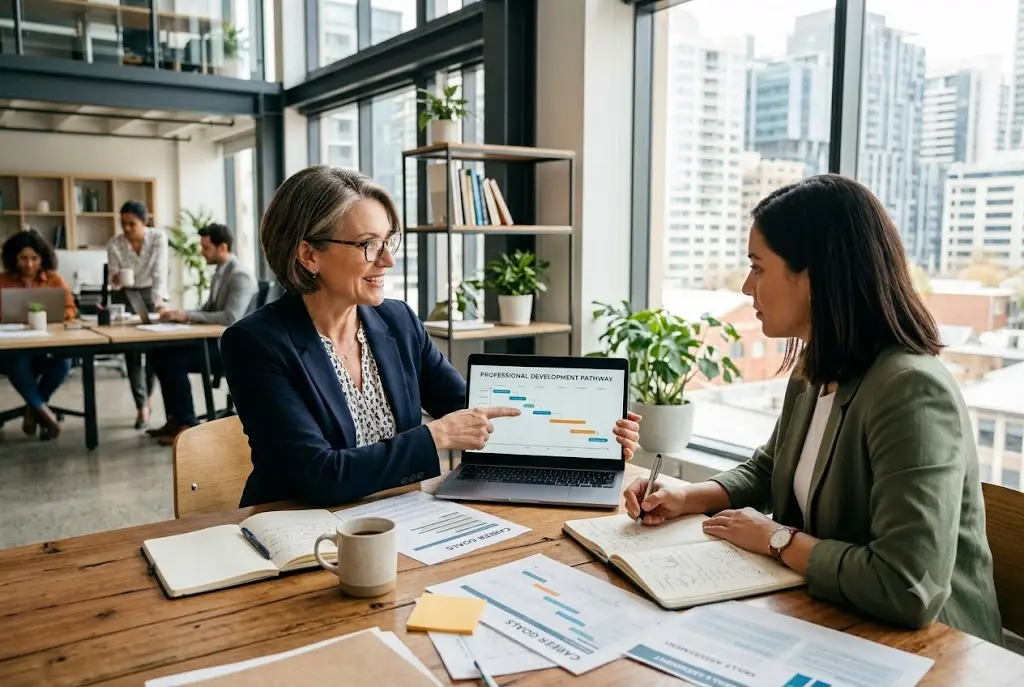 Career development coach helping a professional plan long-term career growth