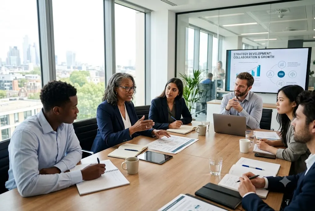 Professionals participating in a leadership career development coaching session